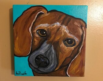 Brown Dachshund Acrylic Painting,8"x8"x1.5" Acrylic Brown Dachshund Canvas Painting,Dachshund Portrait,Dachshund Acrylic Art,Dachshund Art