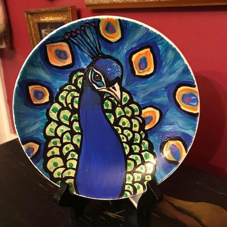 Whimsical Peacock Art,7.75 Hand Painted Decorative Whimsical Peacock Plate and Easel,Peacock Art,Peacock Plate and Easel,Peacock Plate Gift