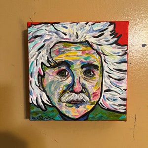 Whimsical Albert Einstein Acrylic Painting,6”x6”x1.5” Whimsical Albert Einstein Painting,Whimsical Einstein Canvas Painting,Einstein Canvas