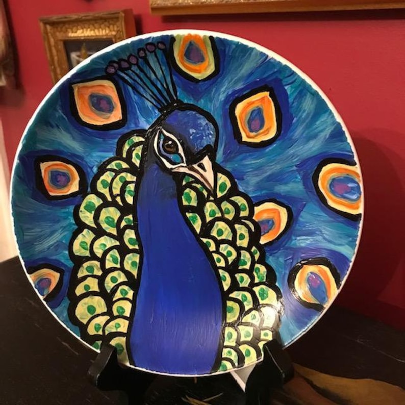 Whimsical Peacock Art,7.75 Hand Painted Decorative Whimsical Peacock Plate and Easel,Peacock Art,Peacock Plate and Easel,Peacock Plate Gift