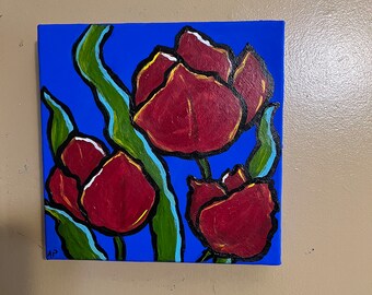 Red Tulips Acrylic Painting, Red Tulips Art, Red Tulips Canvas Painting, Spring Tulips Canvas