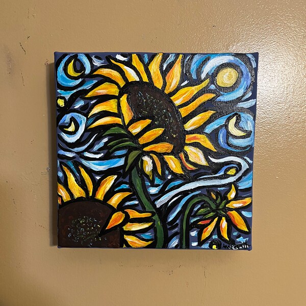Sunflowers in Starry Night Inspired by Van Gogh,Van Gogh Inspired Sunflowers in Starry Night Acrylic Painting,Van Gogh Inspired Sunflowers