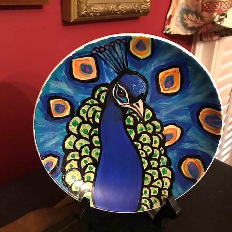Whimsical Peacock Art,7.75 Hand Painted Decorative Whimsical Peacock Plate and Easel,Peacock Art,Peacock Plate and Easel,Peacock Plate Gift