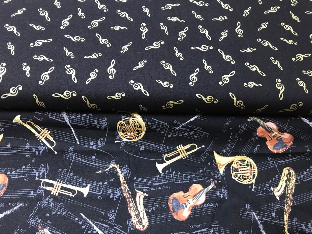 100% Cotton Music Print, Musical Notes, Instruments Fabric. Treble Clef ...