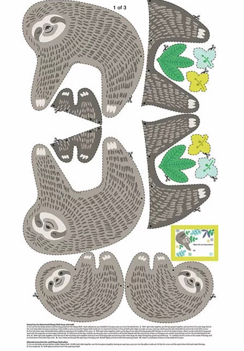 100% Cotton print Sloth fabric panel and contrast design. Sleepy Sloth, Hanging Sloth. Quilting, Patchwork, dressmaking, Roman Blind etc image 2