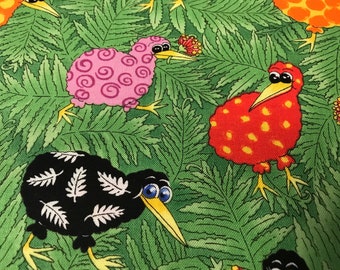 100% Cotton Kiwiana New Zealand Themed Kiwi Bird print. Colourful, leaf, Black and White. Suitable for patchwork, quilting, dressmaking etc.