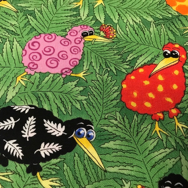 100% Cotton Kiwiana New Zealand Themed Kiwi Bird print. Colourful, leaf, Black and White. Suitable for patchwork, quilting, dressmaking etc.