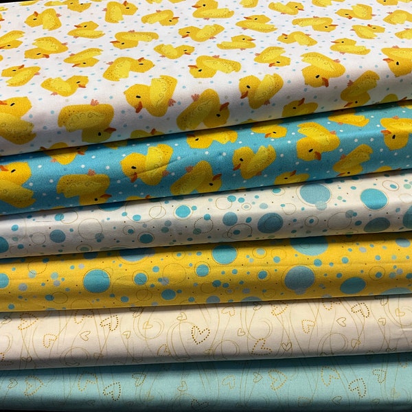100% Cotton Darling Duckies Print Fabric range. Duck, Bubbles, Hearts. Rubber Duck Nursery, Baby Suitable for patchwork dressmaking bags etc
