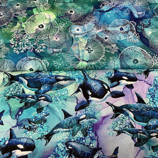 100% Cotton ‘Whale Song’ Fabric range. Northcott, Fish, Sea Anemone, Whale, Sea colours, water. Quilting. Material. Dress Making, patchwork