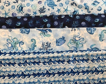 100% Cotton ‘The Sea is Calling’ Fabric range. Waves, Fish, Octopus, Whale, Turtle, Seahorse. Quilting. Material. Dress Making, patchwork