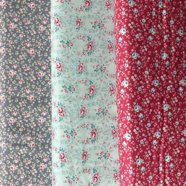 LAST CHANCE!! 100% Cotton print fabric. Old Rose range by Tilda. Floral. Ditsy Floral. Grey, Raspberry. Patchwork, quilting, dressmaking