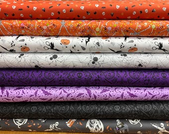 100% Cotton Halloween fabrics Mr Bones Sews, Skeleton. Halloween, Ghosts, Pumpkins. Bones, Sewing, Bat, patchwork, dressmaking.
