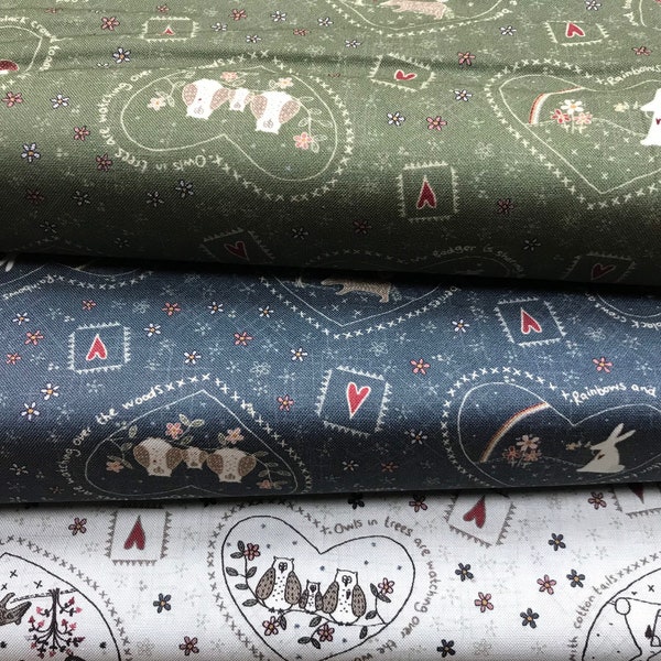 Lynette Anderson Corner of the Woods Wildlife Hearts Scandi Fabric range. 100% Cotton Material. Sewing, quilts, bags Dressmaking. Clothes.