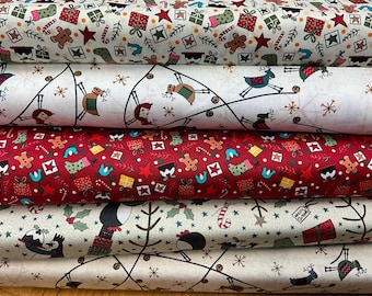 Tela de algodón navideña con los tres pingüinos sabios de Lynette Anderson