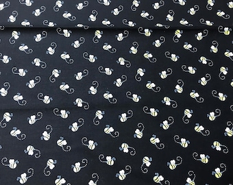 100% Cotton print Bee fabric from Timeless Treasures. Bees on black, yellow bees. Bee fabric. Patchwork, quilting, dressmaking