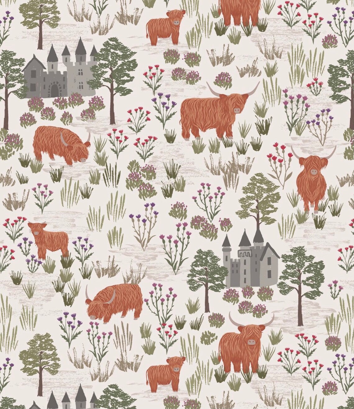 100 Cotton print Stag Deer Highland Cow Thistle fabric from Etsy