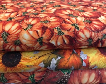 LAST CHANCE! 100% Cotton Autumnal Pumpkin, Sunflower fabric. Metallic, Fall leaves. Acorns, Quilting, Patchwork, bags, dresses