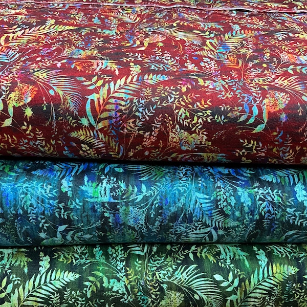 100% Cotton Batik fabric by Jason Yenter. Halcyon range Batik material. Leaf Foliage. Suitable for patchwork, quilting, dressmaking etc.