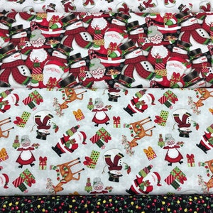 100% Cotton print Traditional Christmas fabric. Mrs Claus, Fairy Lights, Santa, Snowman, patchwork, quilting, dressmaking etc.