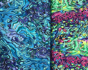 100% Cotton Kiwiana Australiana Crazy Paua abstract tie dye print. Suitable for patchwork, quilting, dressmaking Face coverings etc.