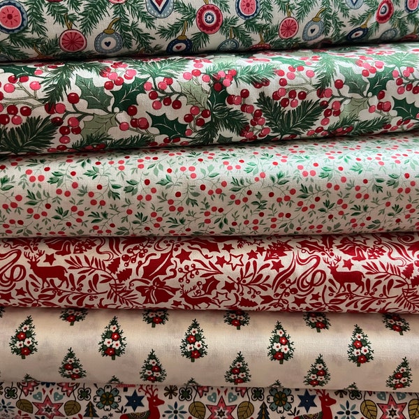 100% Cotton A Woodland Christmas fabric from Liberty. Traditional Xmas, Scandi,Reindeer, bauble. Patchwork, quilting, dressmaking