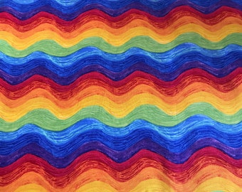 100% Cotton Rainbow Wave Squiggle Stripe effect print fabric. Rainbow, suitable for patchwork, quilting, dressmaking, bags. Face masks etc.