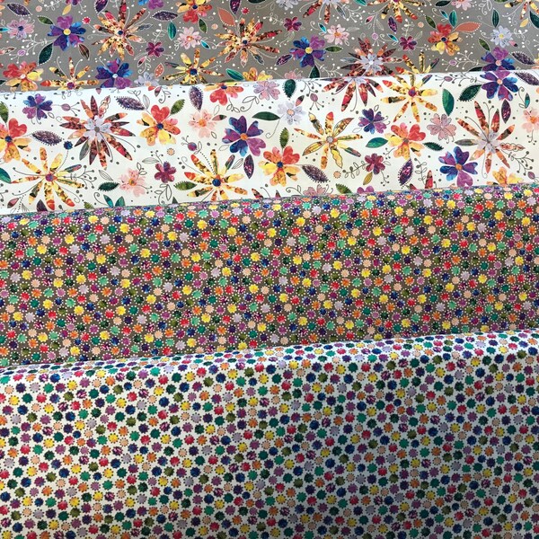 100% Cotton Prismatic Blooms Floral, Ditsy Print, Flowers, Rainbow, Leaves. Quilting, Patchwork, bags, dresses