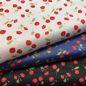 100% Cotton print Poppy Poppie fabrics. Remembrance. Floral. Patchwork, quilting, dressmaking, face mask covering