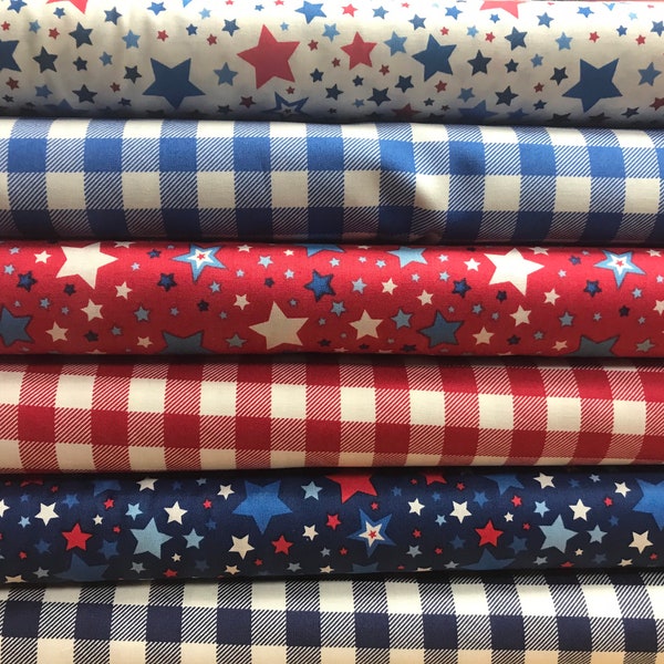 100% Baumwolle America, USA Print Stoff vonLewis und Irene. Gingham, NYC, Rot, Weiß und Blau, Jubilee, Sterne, Tricolour. Patchwork Quilten