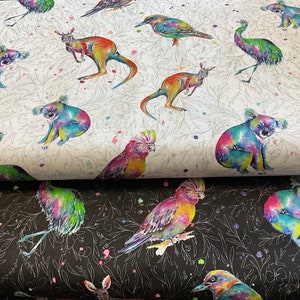 100% Cotton Aussie Australian Rainbow Natives Animal and Bird print fabrics. Kangaroo. Suitable for patchwork, quilting, dressmaking etc.