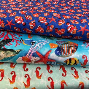 100% Baumwolle Unterwasserwelt Stoffpalette, Meer, Fische, Tiefsee, Schildkröte, Clownfisch, Seepferdchen. Quilten. Material : Patchwork