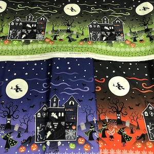 100% Cotton Glow in the Dark Border Print Fabric. Lewis and Irene. Cemetery, Haunted. Halloween Colours, Material. Dresses, quilts, bags etc