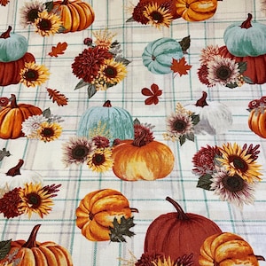 Autumnal Pumpkin Sunflower Fabric: 100% Cotton Quilting Material