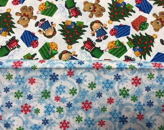 100% Cotton Christmas fabrics from Timeless Treasures. Toy box, snowflakes, Tree, Presants. Suitable for patchwork, bags, dressmaking,