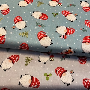 100% Cotton Christmas Gonks, Gnome fabric, Holly. Tree, Gift, Xmas, Christmas Character, Beard, Patchwork, bags, dresses