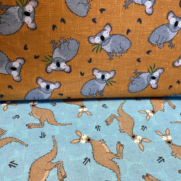 100% Cotton Aussie Australian Kangaroo, Koala Animal and Flower print fabric. Google Eye. Suitable for patchwork, quilting, dressmaking etc.