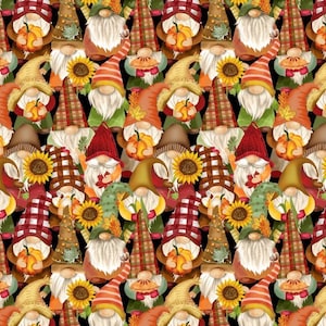 Puede incluir: Un patrón sin costuras que presenta una variedad de gnomos que llevan sombreros de diferentes colores y sostienen calabazas, calabacines y otros artículos con temática otoñal. Los gnomos están rodeados de hojas, flores y otros elementos otoñales.