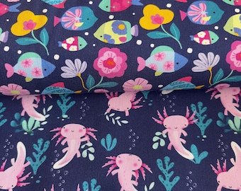 100% Cotton underwater sea life Fabric range, Sea, Fish, Axolotl, Flowers. Quilting. Material, patchwork