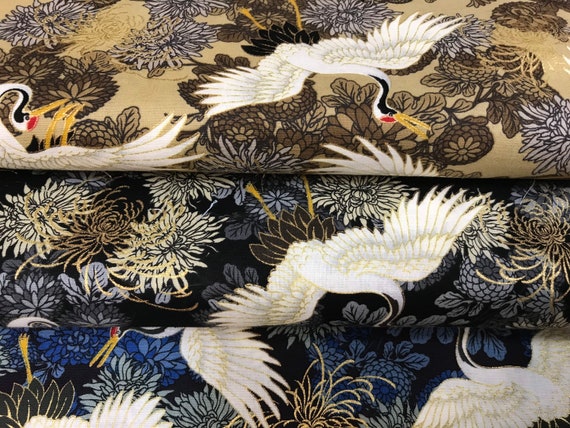 100% Cotton Metallic Japanese Crane Bird fabric range from | Etsy