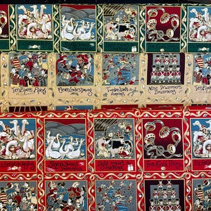 100% Cotton Metallic Twelve Days of Christmas fabric from Nutex. 12 days. Shimmer Material. Quilting, Patchwork, bags, Advent