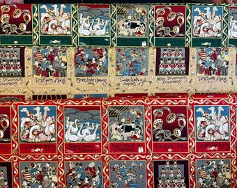 100% Cotton Metallic Twelve Days of Christmas fabric from Nutex. 12 days. Shimmer Material. Quilting, Patchwork, bags, Advent