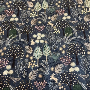 100% Cotton The Secret Winter Garden fabric from Lewis and Irene. Tree, Owl, Hare, Metallic, Material. Quilting, Patchwork, bags, dresses