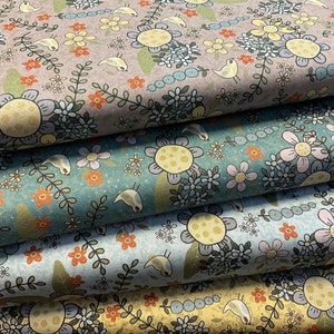 Gama de tejidos florales Botanicals de Lynette Anderson. Diseñadora. Material 100 % algodón. Costura, colchas, bolsos. Confección. Ropa.