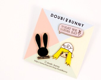Doubi Bunny enamel pin, set of three, featured meesh