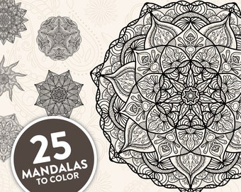 Printable Mandala Adult Coloring Pages | Intricate Floral Mandala Easy Coloring Book | 25 Mandalas