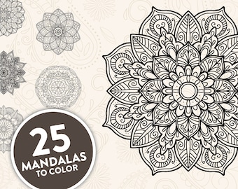 Printable Mandala Adult Coloring Pages | Floral Mandala Easy Coloring Book | 25 Mandalas