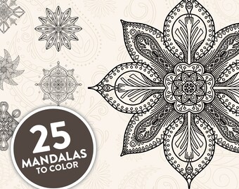 Printable Mandala Adult Coloring Pages | Simple Easy Floral Mandala Easy Coloring Book | 25 Mandalas