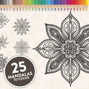 Printable Mandala Adult Coloring Pages | Simple Easy Floral Mandala Easy Coloring Book | 25 Mandalas