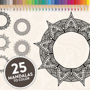 Printable Mandala Adult Coloring Pages | Wreath Floral Mandala Easy Coloring Book | 25 Mandalas