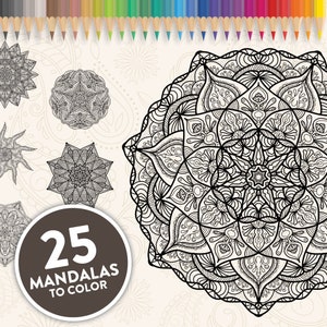 Printable Mandala Adult Coloring Pages | Intricate Floral Mandala Easy Coloring Book | 25 Mandalas